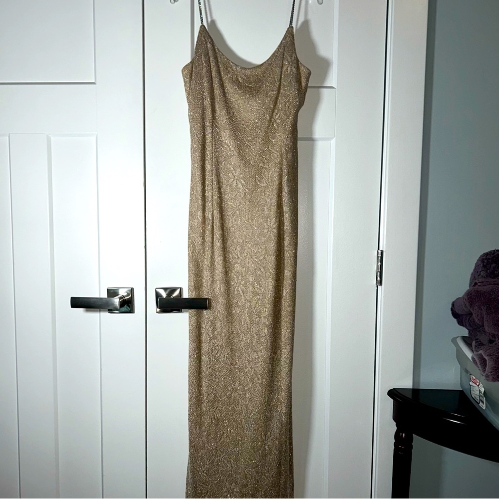 Night Way Gold Sheath Gown with Rhinestone Straps Size 8